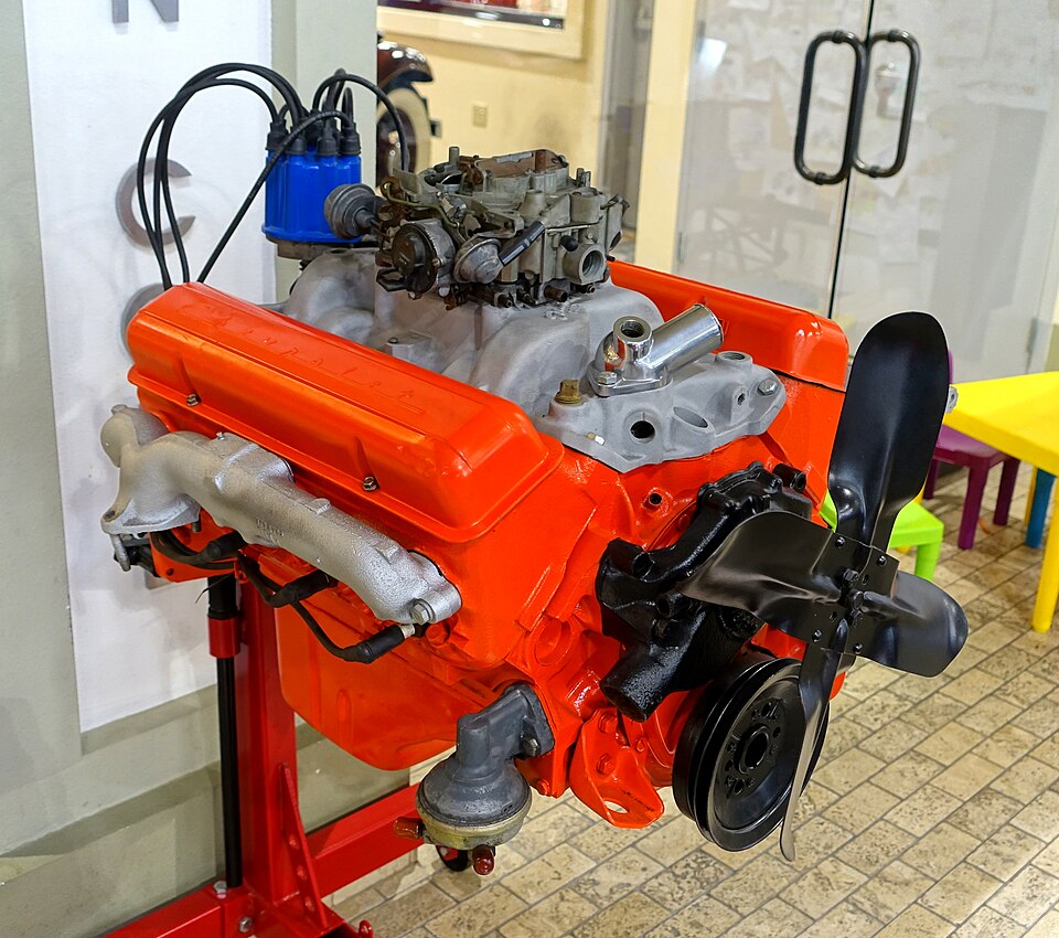 A rebuilt Chevrolet small-block V8 engine mounted on a workshop engine stand
